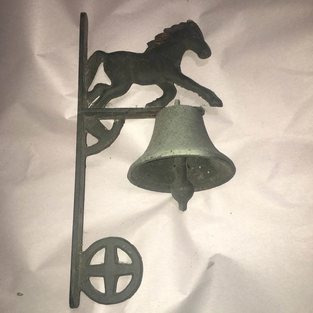 VINTAGE CAST IRON DOOR BELL WITH HORSE WALL MOUNT METAL Patina Needs String